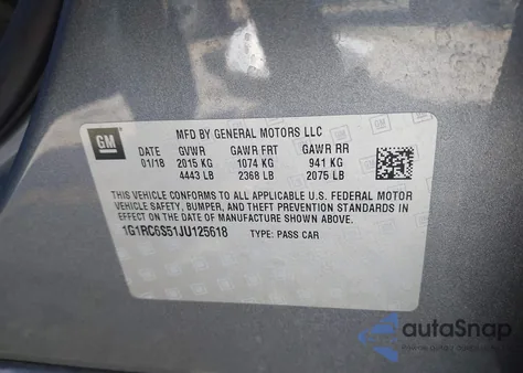 2018 Chevrolet Volt Lt из США, поврежденный, VIN 1G1RC6S51JU125618